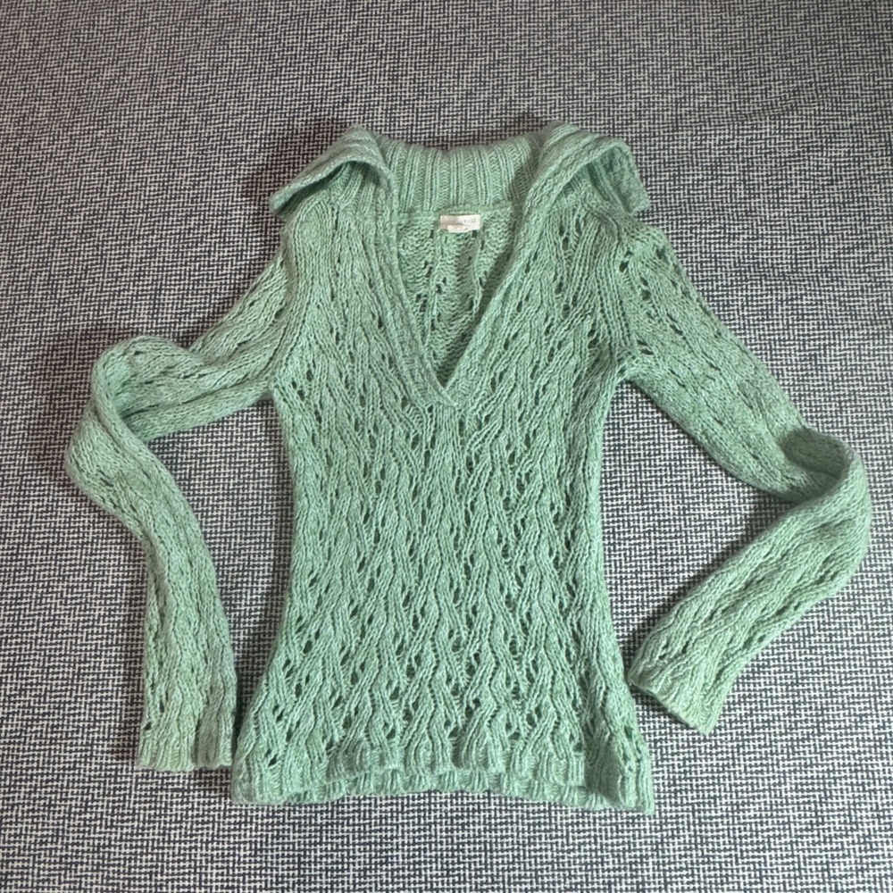American Eagle Sage Green Open Knit V-Neck Sweater Pointelle Boho Small